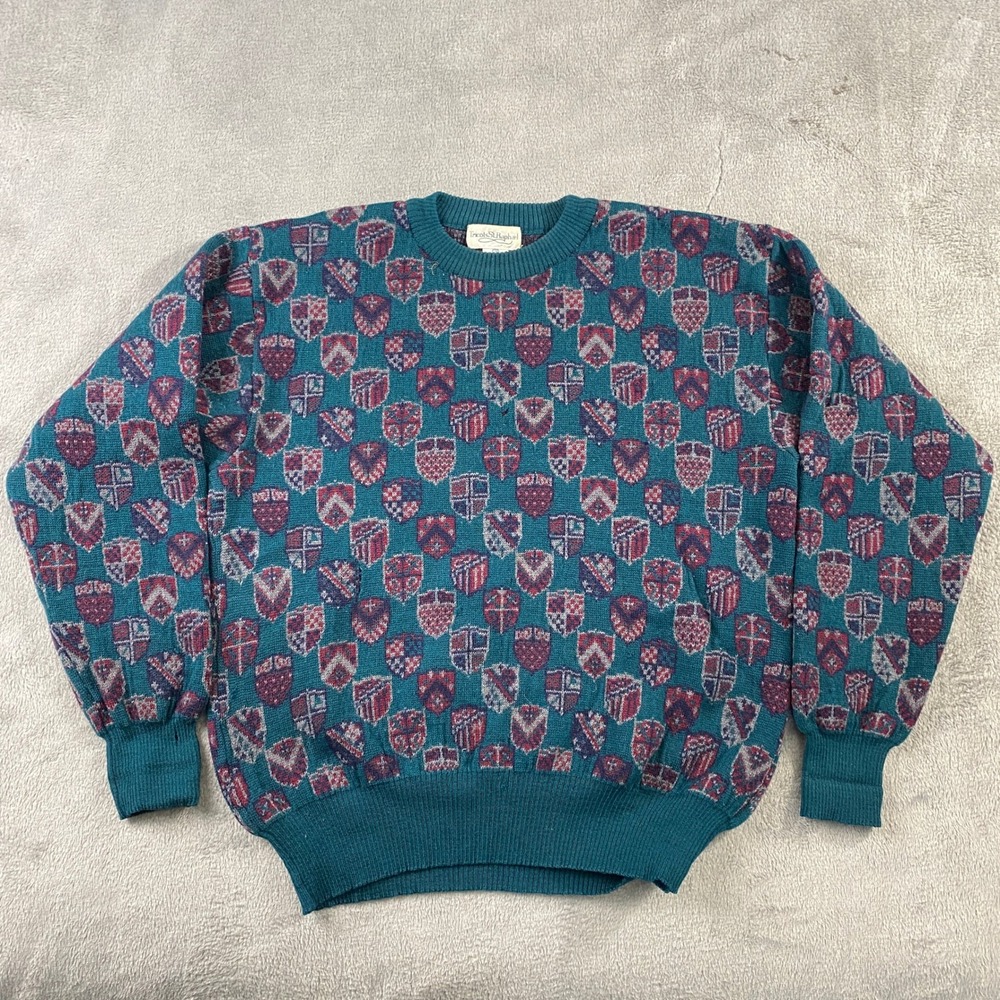 Tricots St Raphael Sweater Mens M Teal Wool Heraldic Crest Shield Vintage Knit